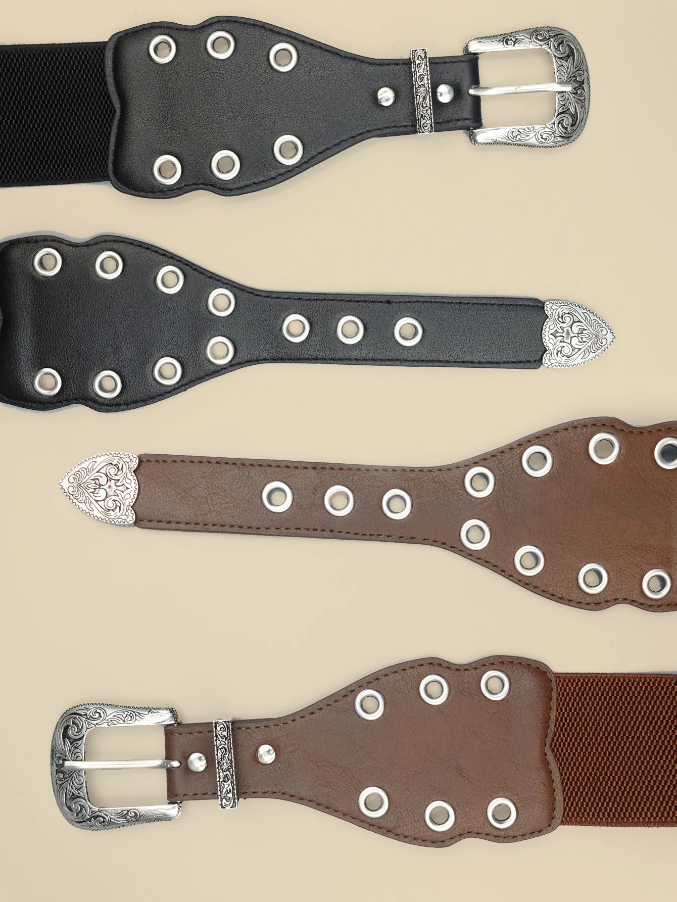 Y2K Style Eyelet Women's Patchwork Belt, Silver Carved Alloy Buckle, Personalized and Fashionable Women's Belt