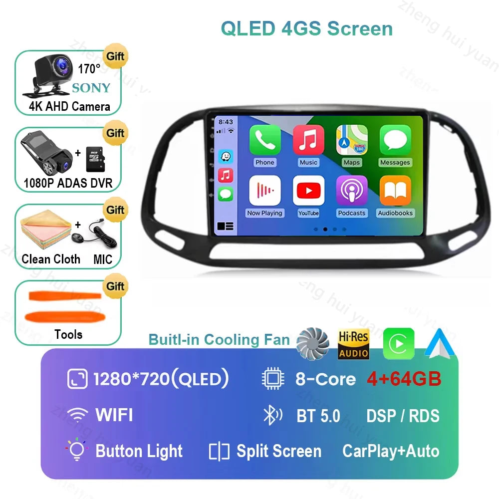 For Fiat Doblo 2015 - 2018 2019 2020 Android 16 GPS WIFI 4G Carplay&Auto Car Radio Navigation QLED Multimedia Stereo Player BT