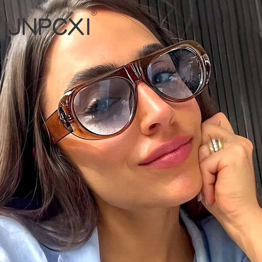 JNPCXI Ins Popular Fashion Pilot Women Sunglasses Retro Tea Blue Shades UV400 Men Trending Wide Legs Sun Glasses