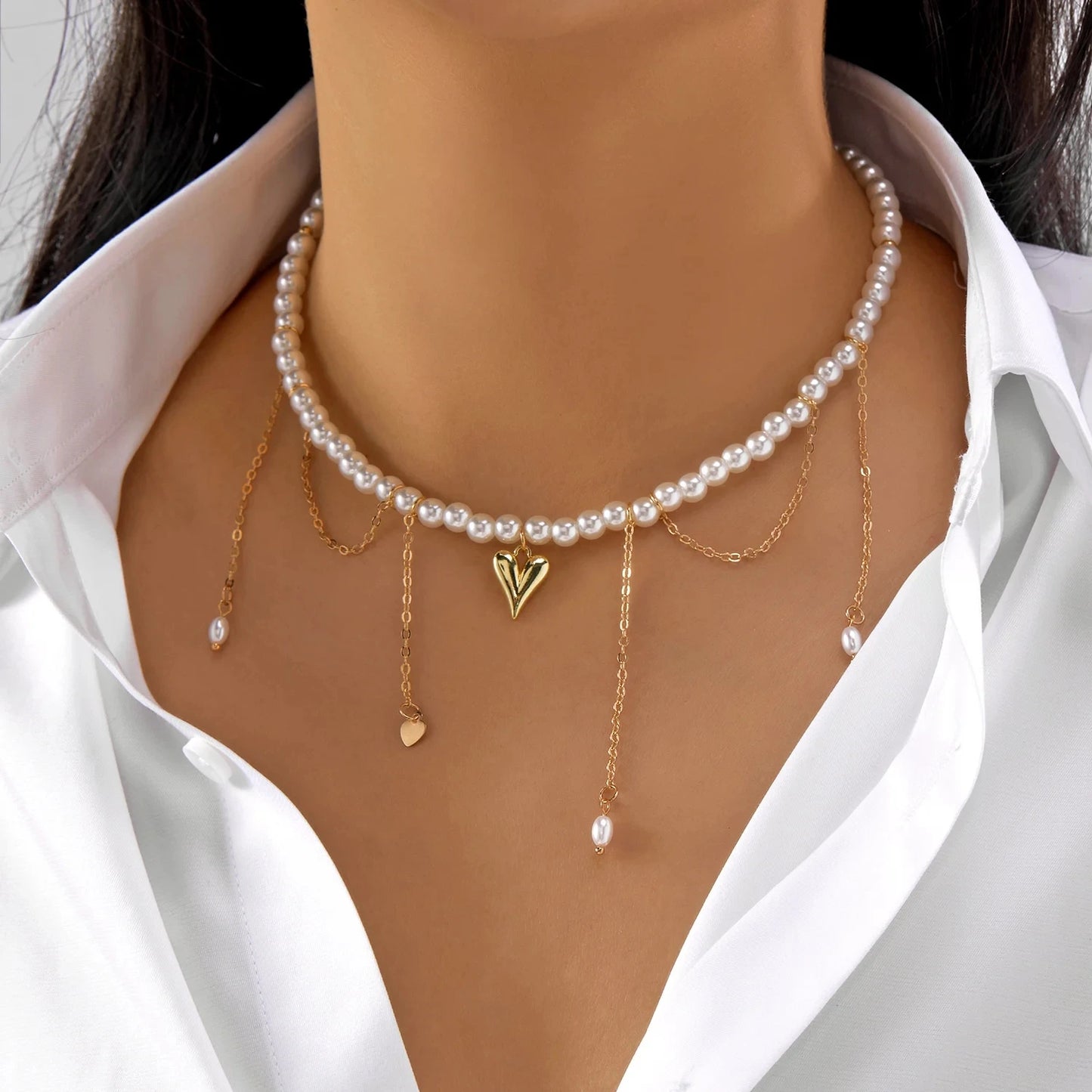 Elegant Baroque Imitation Pearl Choker Necklace for Women Retro Gold Color CCB Beads Clavicle Chain Necklace Party Daily Jewelry