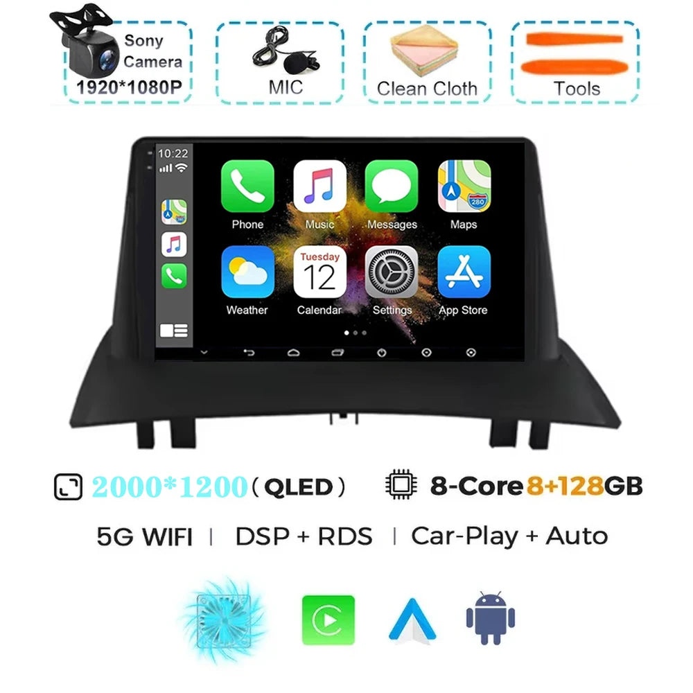 For Renault Megane 2 2002-2009 2K QLED Android 15 Android Car Radio Multimedia Video Player GPS Stereo CarPlay 4G Navigationv BT