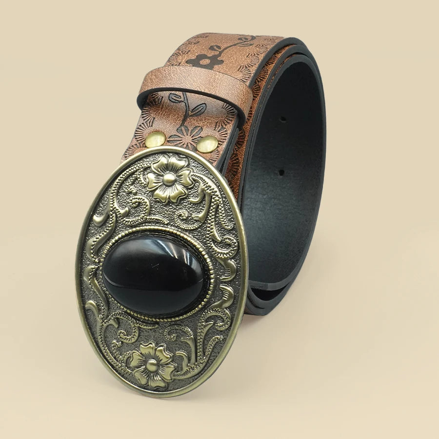 Retro Court Style Black Turquoise Inlaid Women's Belt, Western Denim Style, Niche Women's Belt, Carved Black Gemstone Belt