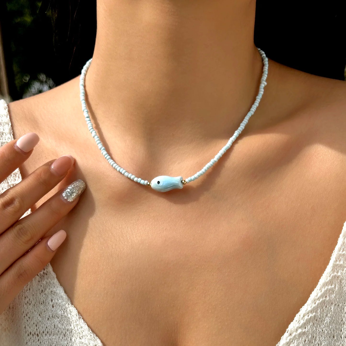 Boho Colorful Acrylic Beaded Choker Necklace for Women Girls Y2K Sweet Cute Ceramic Fish Pendant Necklace Summer Beach Jewelry