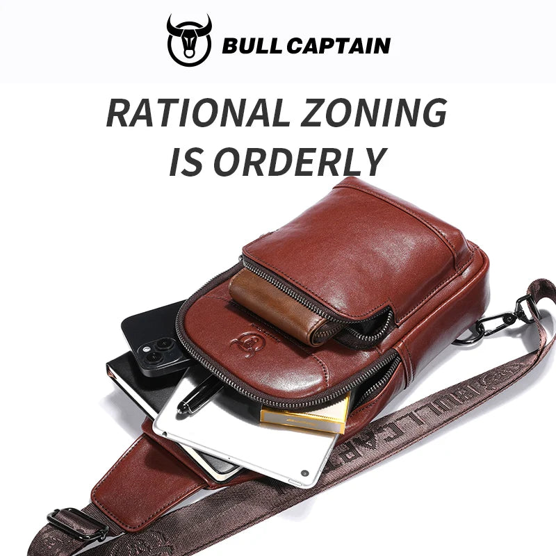 BULLCAPTAIN Men's Genuine Leather Chest Bag Multifunctional 7-inch Mobile Phone Bag Cowhide Casual Retro Shoulder Crossbody Bag