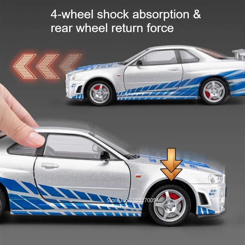 1:24 GTR-R34 SKYLINE Diecast Alloy Models Toys Car with Pull Back Doors Opened rubber tires Miniature Sportscar Collecting Hobby