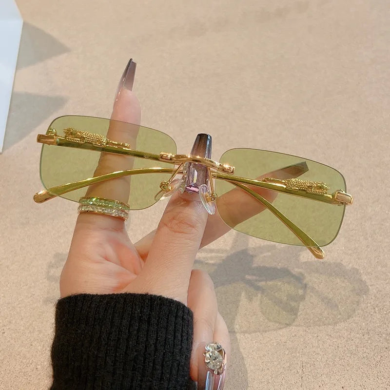 Korean Retro Square Rimless Sunglasses Seaside Cheetah Decoration Frameless Gradient Lens Eyeglasse Outdoor UV Protective Shades