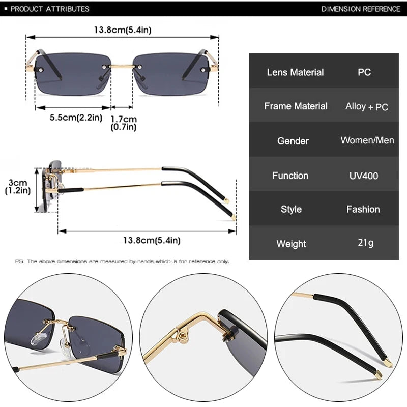 JNPCXI Fashion Rectangle Women Sunglasses Vintage Rimless Clear Ocean Gradient Lens Men UV400 Trending Sun Glasses