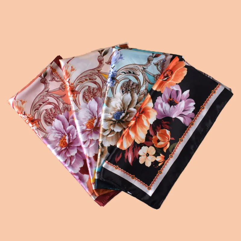 1PC Floral Print Satin Square Scarf Women's Hair Accessory Spring New Style Versatile Belt Bag Decoration Silk Headscarf