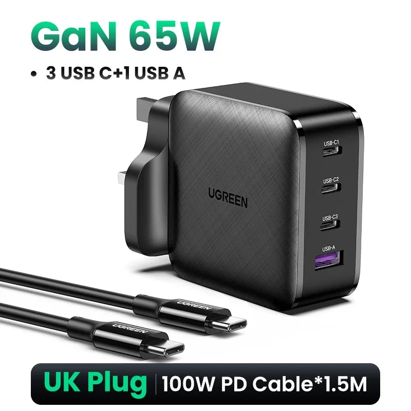 UGREEN UK Plug GaN 100W 65W Fast Charger QC 4.0 3.0  for Macbook Air Tablet iPhone 17 16 15 Pro Max Xiaomi USB Type C PD Charger