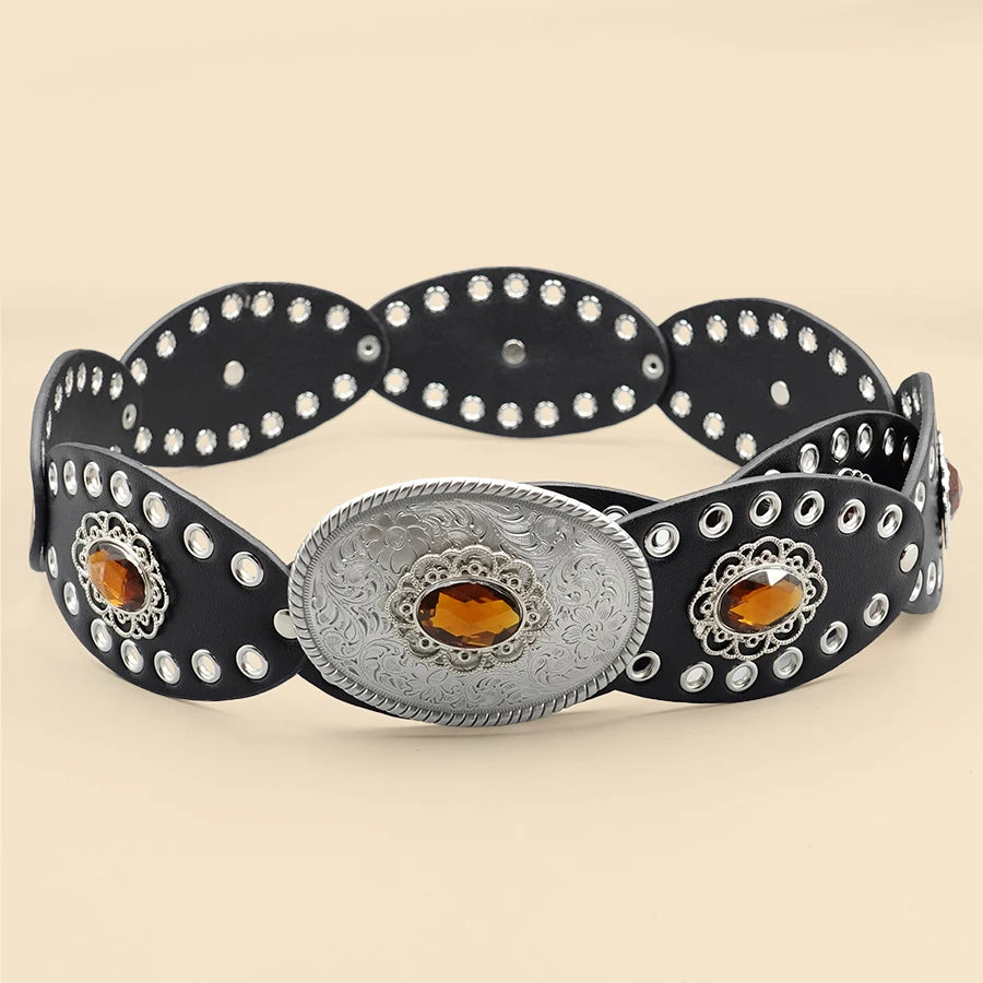 Black Vintage European Style Women's Belt - Rhinestone Inlaid Openwork Carving Design, Wide Fashion Waist Accessory