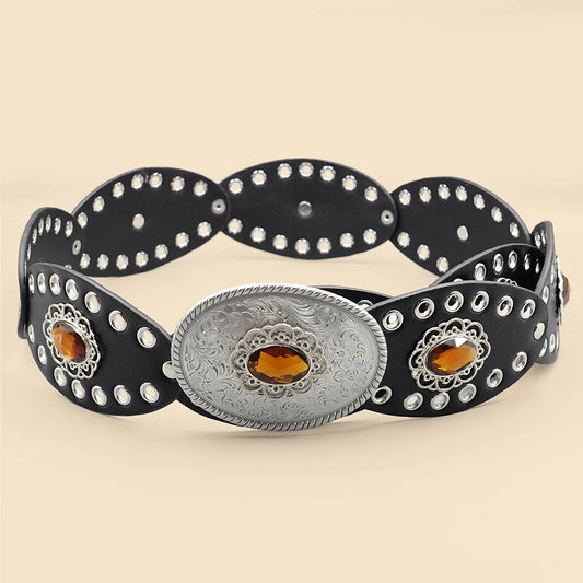 Black Vintage European Style Women's Belt - Rhinestone Inlaid Openwork Carving Design, Wide Fashion Waist Accessory