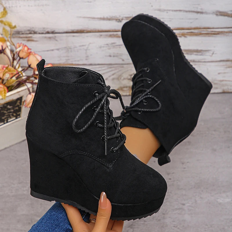 Fashion Lace Up Wedge Boots for Women Plus Size 35-42 Chunky Platform Ankle Boots Woman Autumn Winter Faux Suede Short Booties