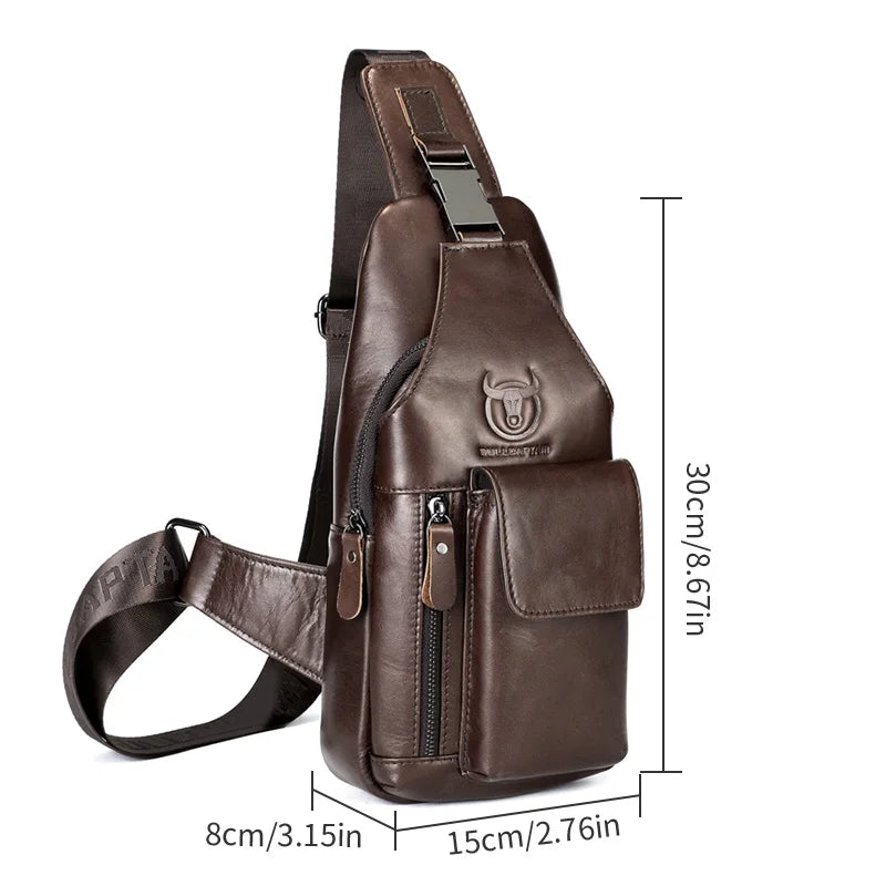 BULLCAPTAIN Men's Leather Breast Bag Fashion Casual Multifunctional Off-Road Crossbody Bag Business Tablet Mobile Leather Bag
