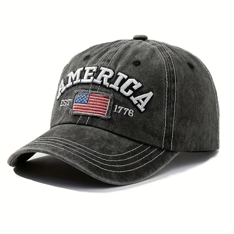 Vintage USA Flag Embroidered Baseball Cap - Bold Letter Distressed Wash Sun Hats