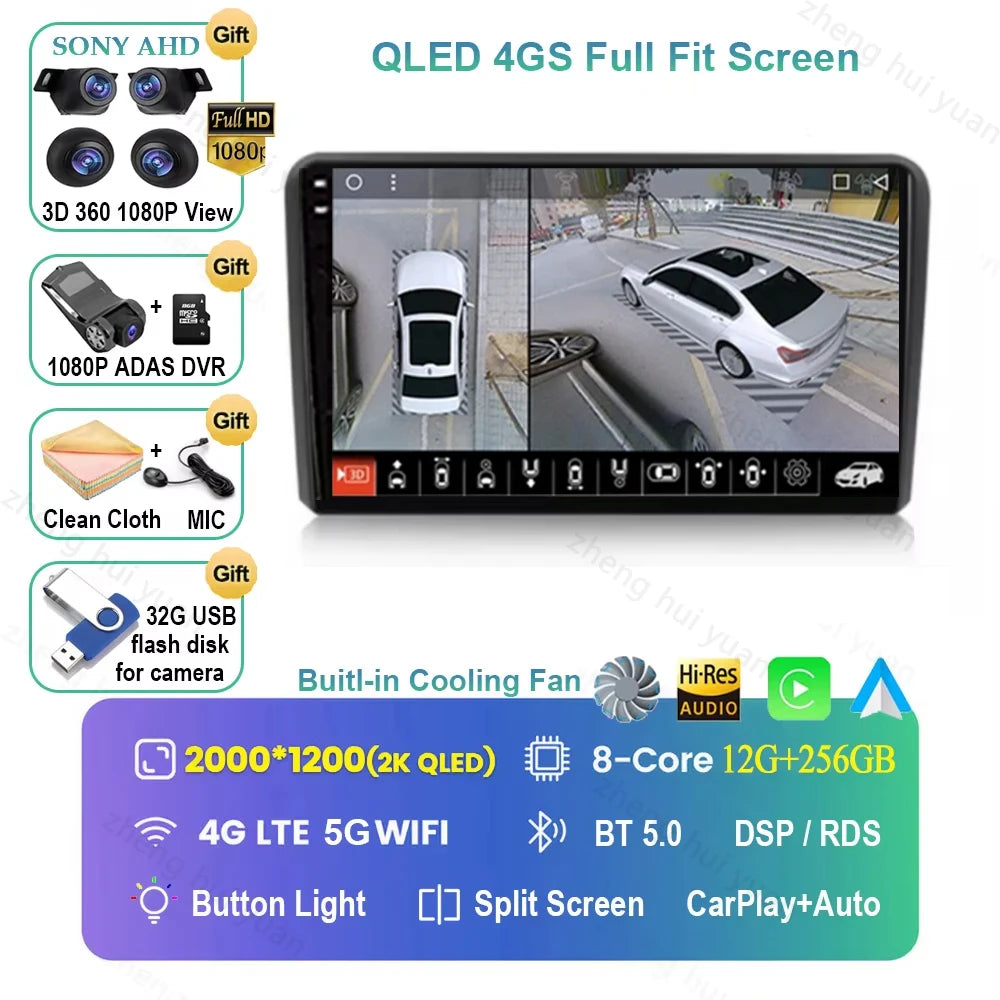 For Audi A3 8P 2003 2004 - 2013 Android 16 GPS WIFI 4G Carplay&Auto Car Radio Navigation QLED Multimedia Stereo Player BT