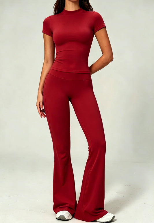 Soft Seamless Yoga Outfits Women Slim Fit Short Sleeve Tee High Rise Flared Leggings Sport Gym Two Piece Set