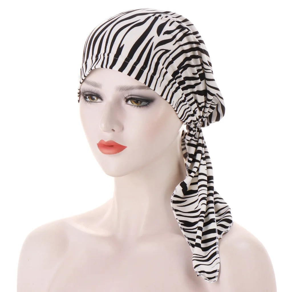 Trendy Print Women Muslim Hijab Caps Wrap Head Soft Elastic Long Tail Turban Bonnet Fashion Headdress Wearable