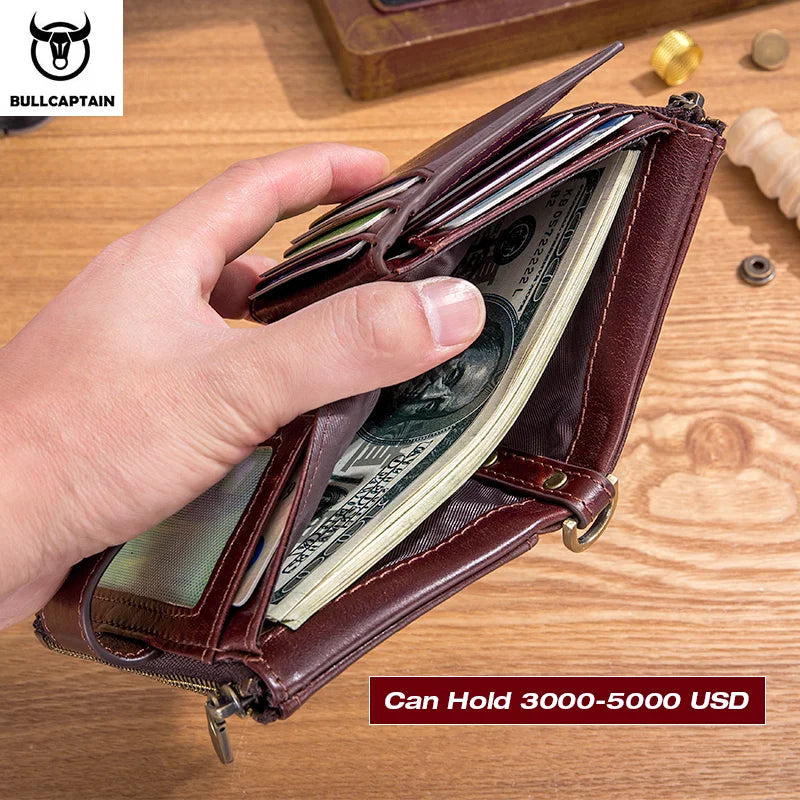 BULLCAPTAIN Men's Genuine Leather Wallet Rfid Function High Quality Leather Fashion Chain Multifunctional Men's Pocket Wallet