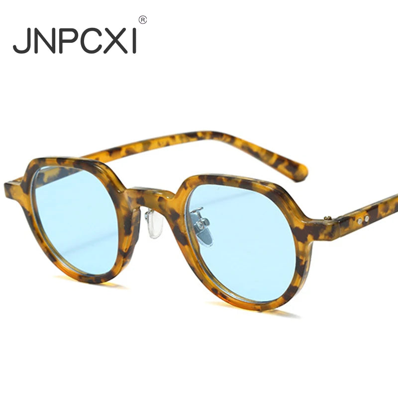 JNPCXI New Fashion Round Sunglasses Women Ocean Lens Leopard Blue Eyewear Men Trending Rivets Punk Sun Glasses