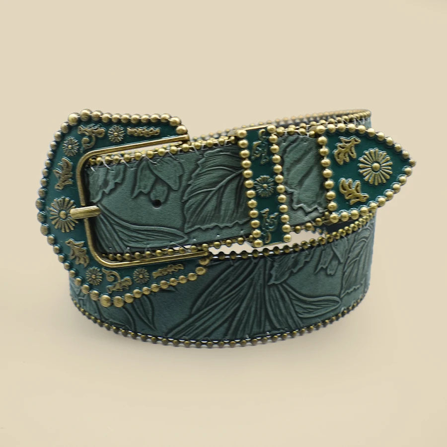 Bohemian Women's Belt with Metal Bead Accents - Vintage Carved Buckle & Leaf-Engraved Chain Detailing for Casual Elegance