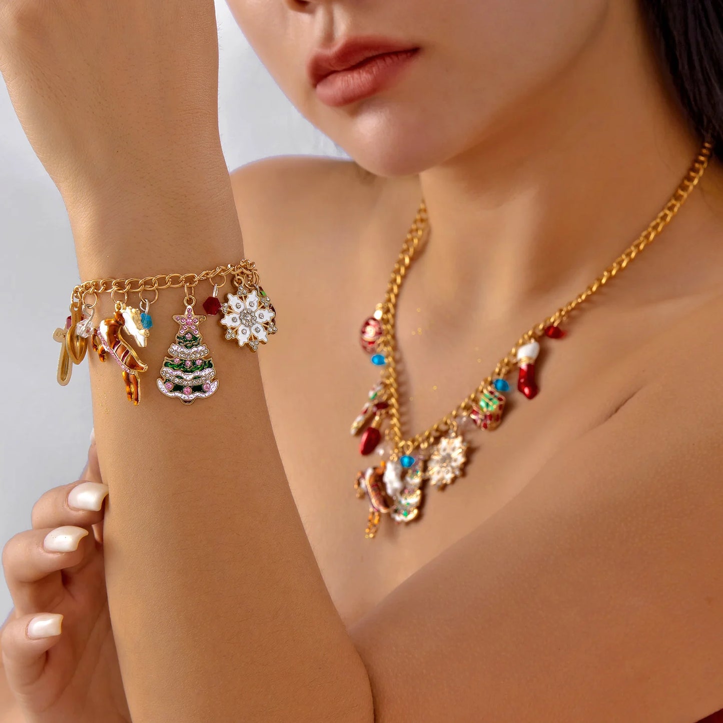 Trendy Christmas Tree Bell Snowflake Pendant Necklaces for Women Cartoon Elk Snowman Charm Bracelets Festival Party Jewelry Sets