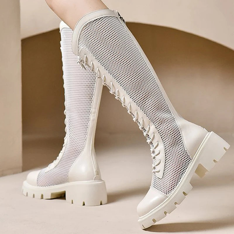 Fashion Breathable Mesh Boots for Woman Summer Solid Zipper Mid-Calf for Women Round Toe Lace Up High Heels Shoes Ladies