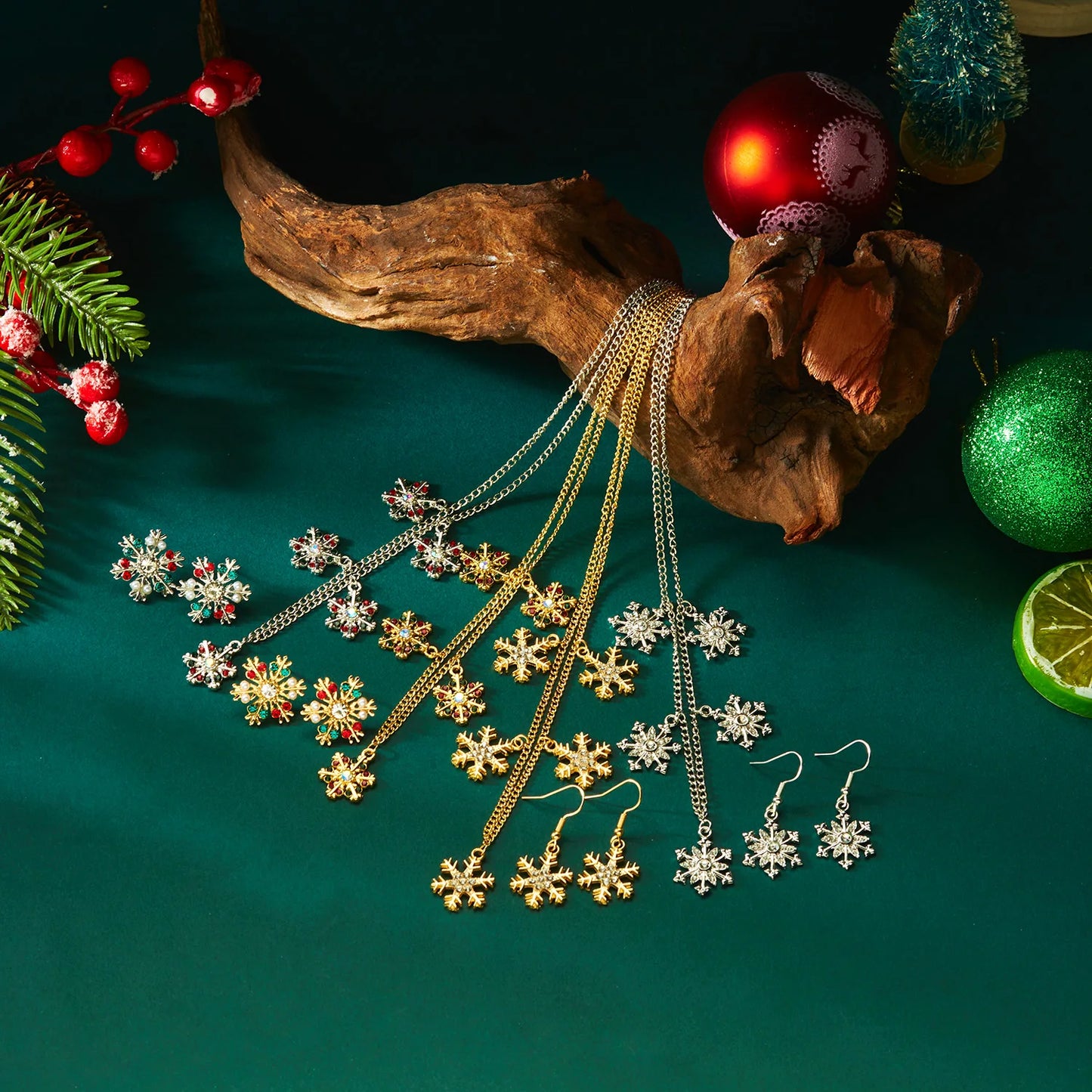 Christmas Colorful Rhinestone Imitation Pearl Snowflake Necklace Earrings Set For Women 2026 Xmas Jewelry Set Holiday Party Gift
