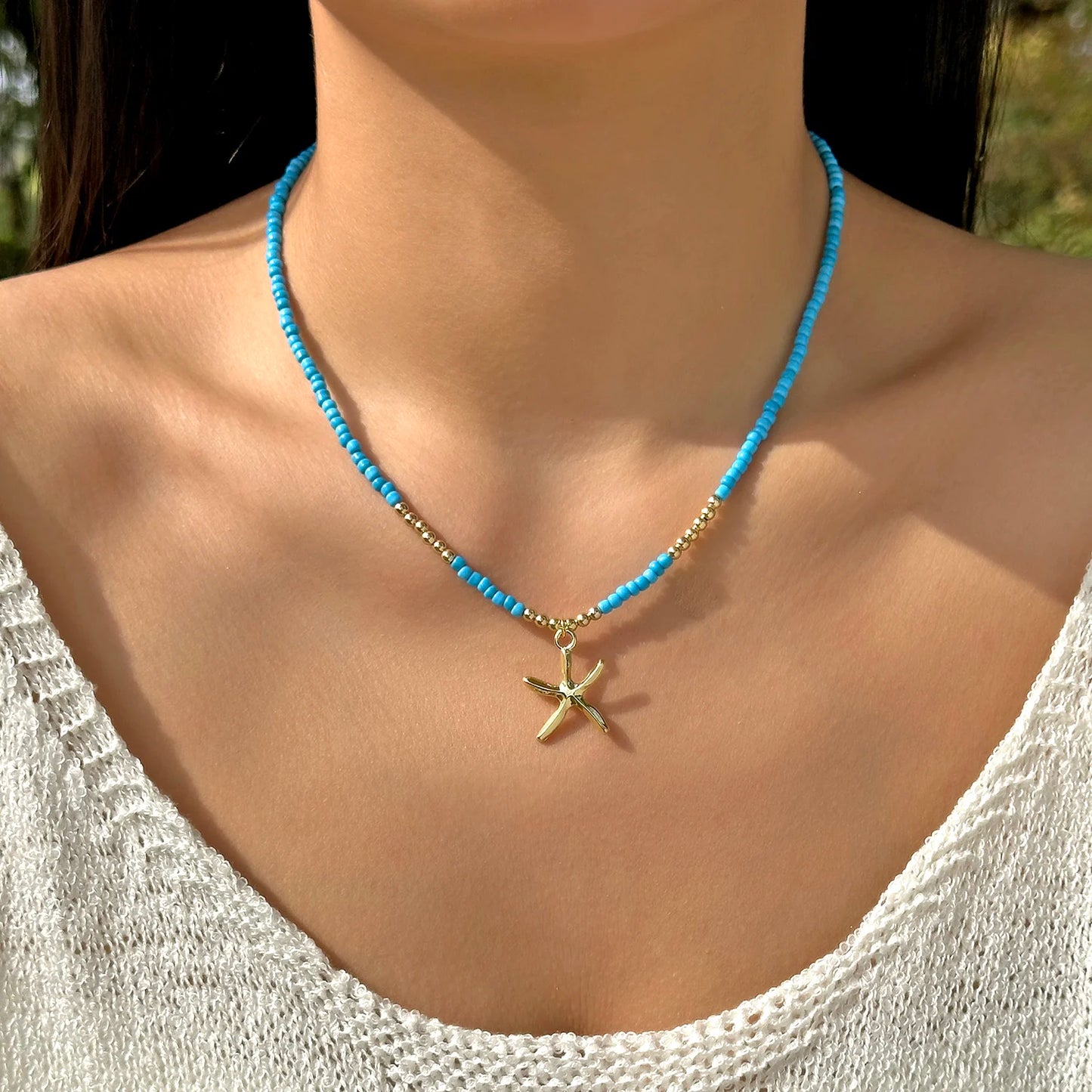 Charming Ceramic Fish Conch Starfish Pendant Necklace for Women Boho Colorful Acrylic Beads Choker Necklace Summer Beach Jewelry