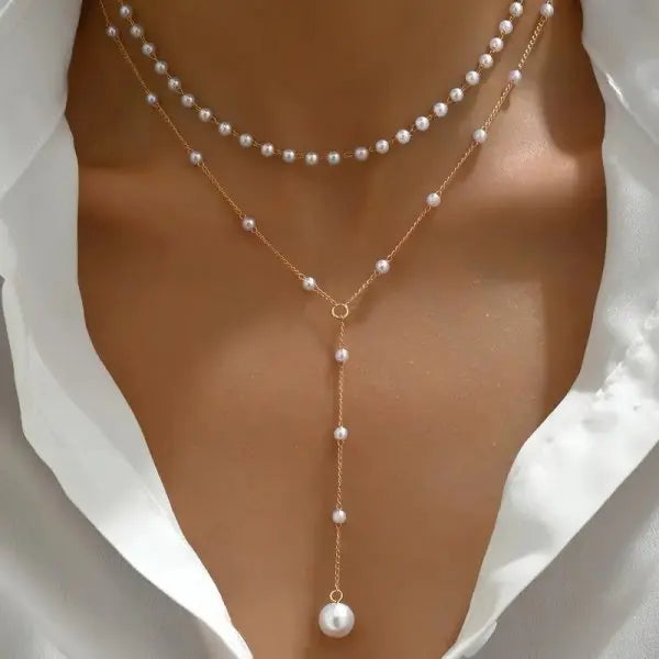 Boho Fashion Y2K Colorful Glass Pearl Long Y-Shaped Necklace Metal Collarbone Chain Holiday Travel Party Body Jewelry Accessory