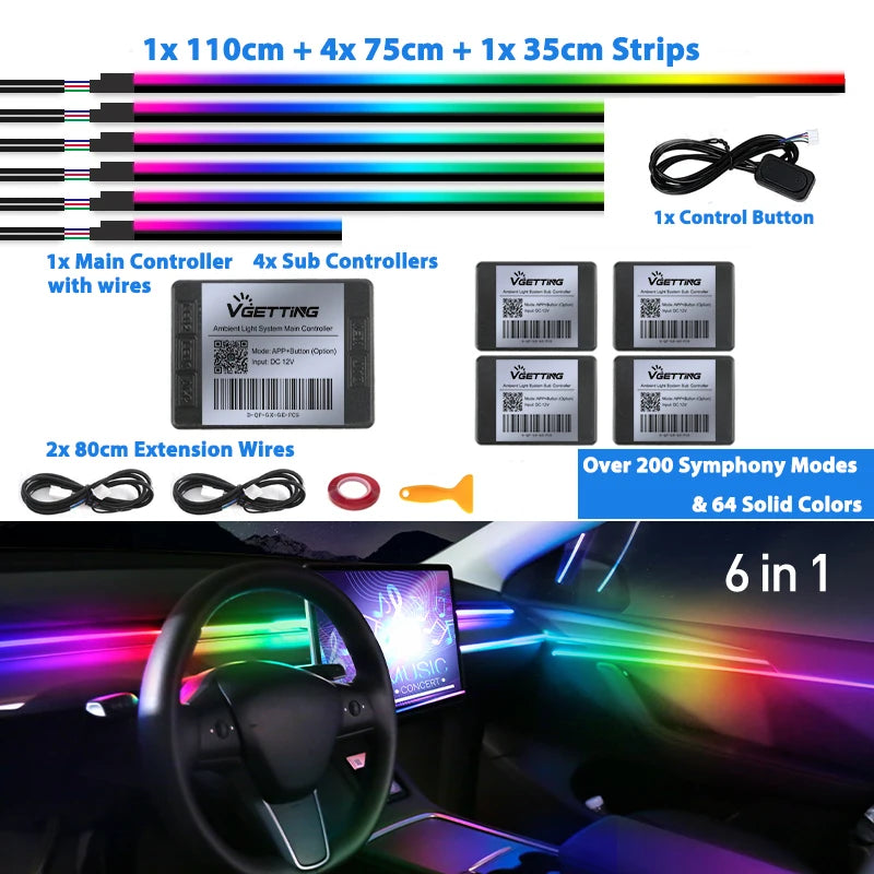 6/18/22 in 1 Led Acrylic Car Ambient Light RGB 64 213 Color Symphony Acrylic APP Streamer Rainbow Atmosphere Lamp Kit Dual Zone