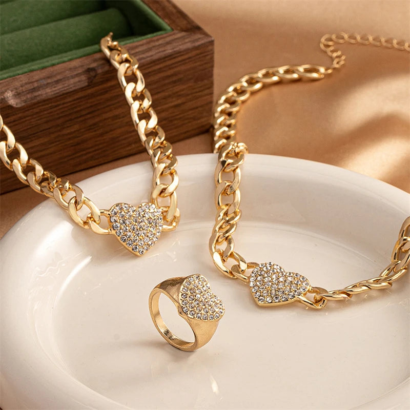 Luxury Inlaid Rhinestone Heart Chain Necklace Bracelet Ring Set for Women Punk Chunky Chain Neckalce Elegant Jewelry Accessories