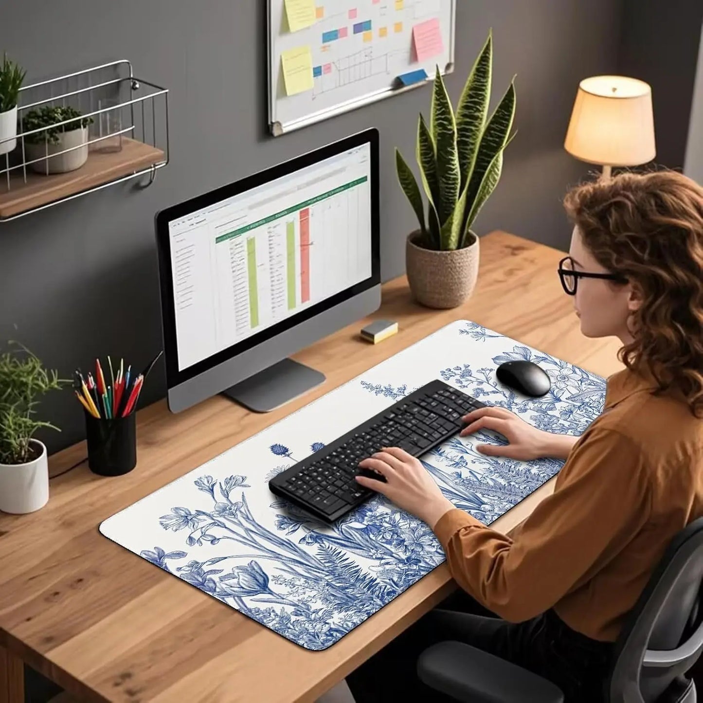Narcissus Blue Floral Large Gaming Mouse Pad，XXL Desk Mat,Non-Slip Rubber Base Stitched Edges - Waterproo Mousepad for PC/Office