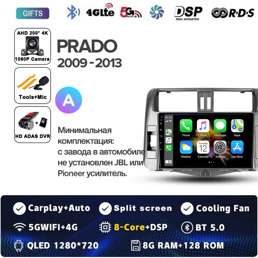Android 15 Car Radio for Toyota Land Cruiser Prado 150 2009-2013 with GPS Navigation QLED Carplay Auto Multimedia Stereo BT