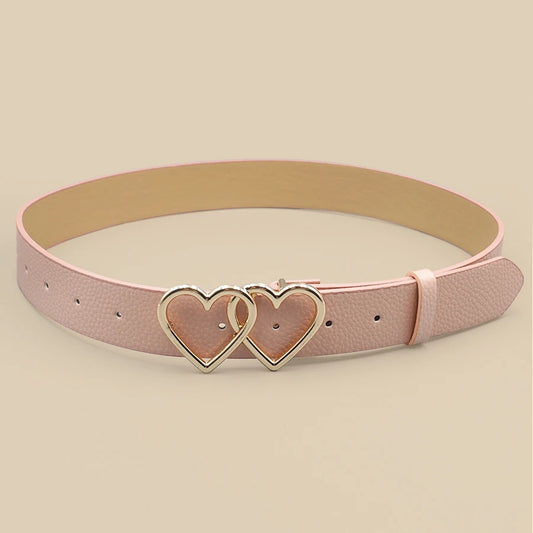Y2K Millennium Trendy Pink & White Pu Versatile Belt, Dual Heart-Shaped Metal Buckle, Fits Jeans/Skirts/Casual Pants