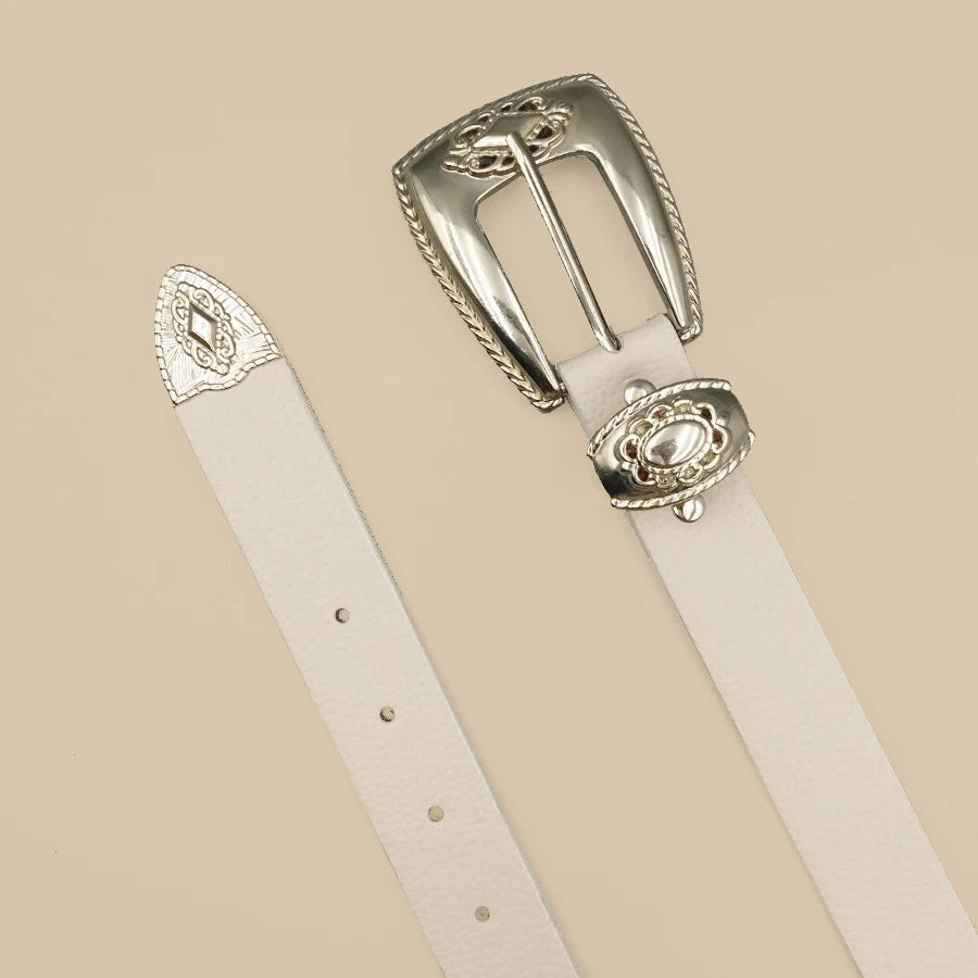 White Border Women's Belt Solid Color Casual Daily Belt Silver Carved Alloy Buckle Daily Commuting Date Fashion Accessories