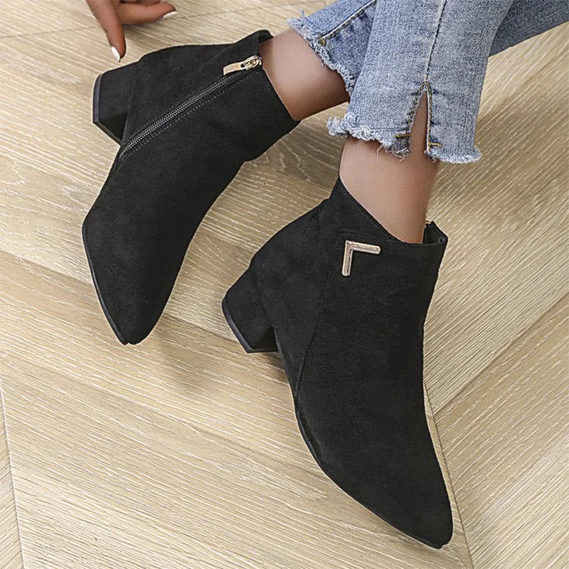 Spring Autumn Fashion Faux Suede Ankle Boots Women Solid Color Zipper Boots Woman Metal Decoration Pointed Toe Botas Lady