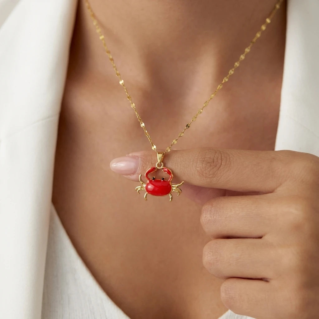 Minimalist Red Enamel Crab Pendant Necklace for Women Copper Gold Tone Chain Simple Ocean Charm Cute Statement Jewelry Gift