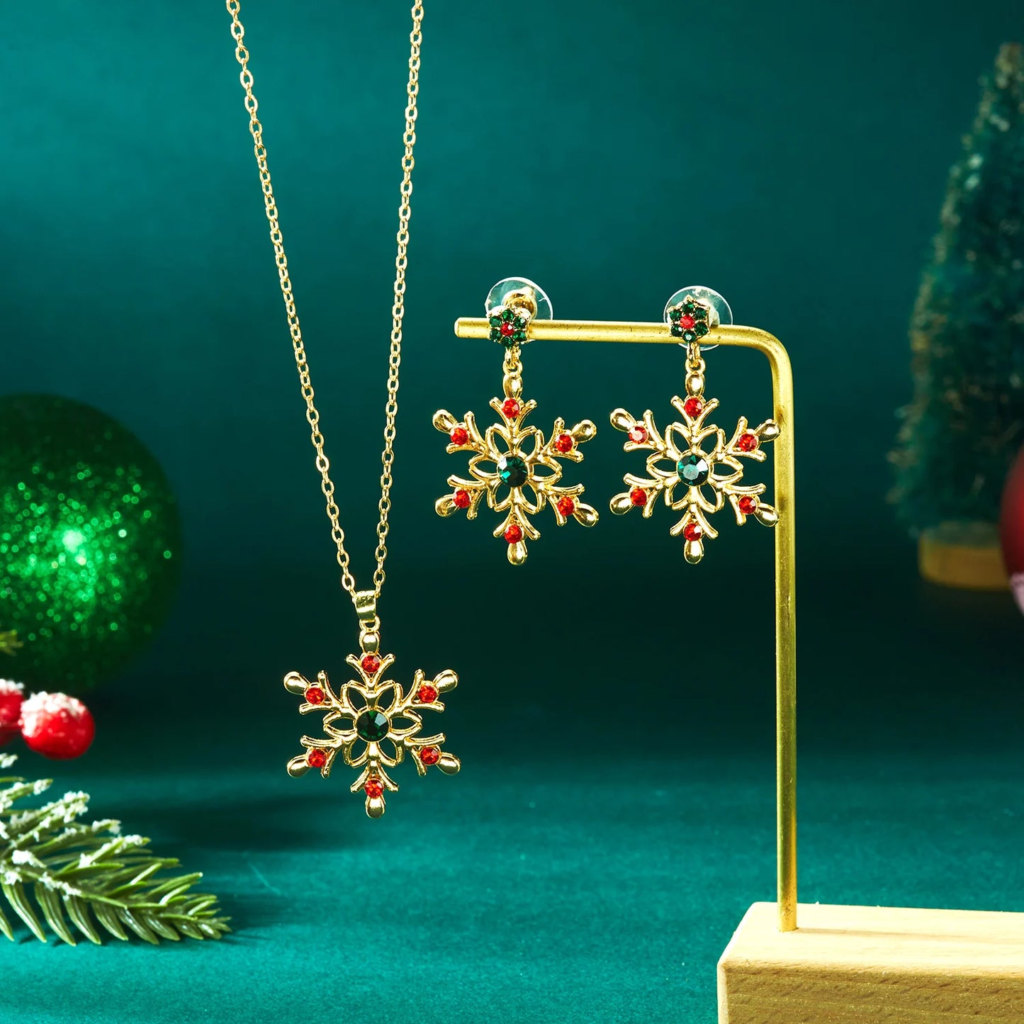 Christmas Colorful Rhinestone Imitation Pearl Snowflake Necklace Earrings Set For Women 2026 Xmas Jewelry Set Holiday Party Gift