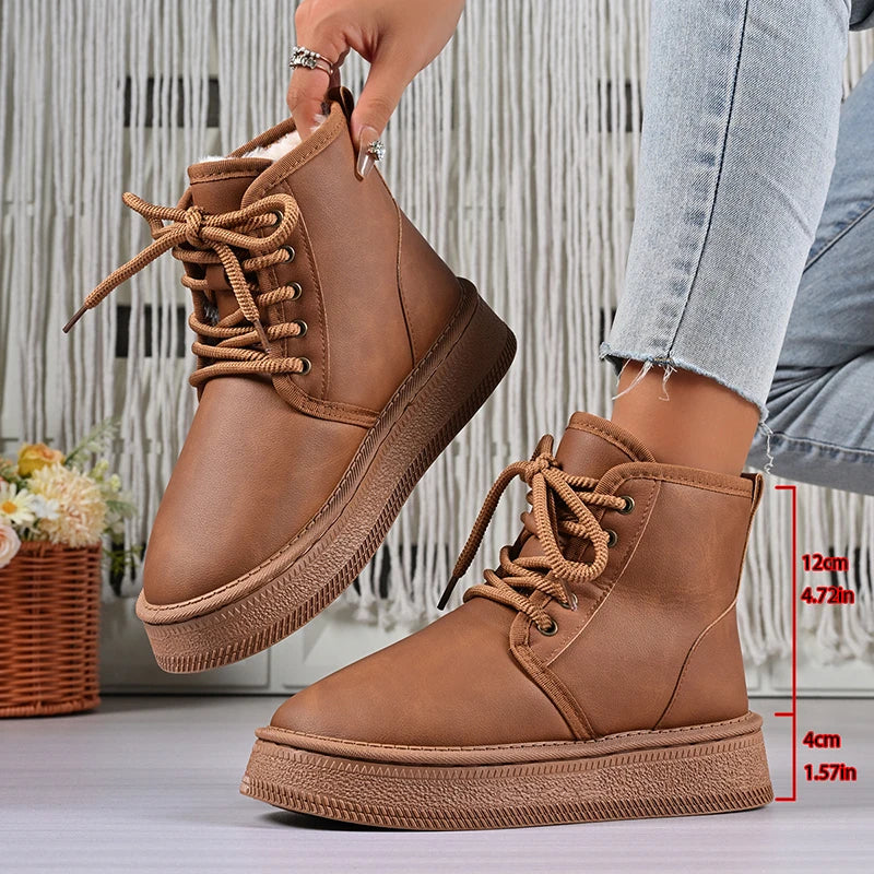 Fashion Lace Up Platform Snow Boots Women Anti Slip Warm Thicken Plush Ankle Boots Woman Thick Sole High Cotton Shoes 36-41