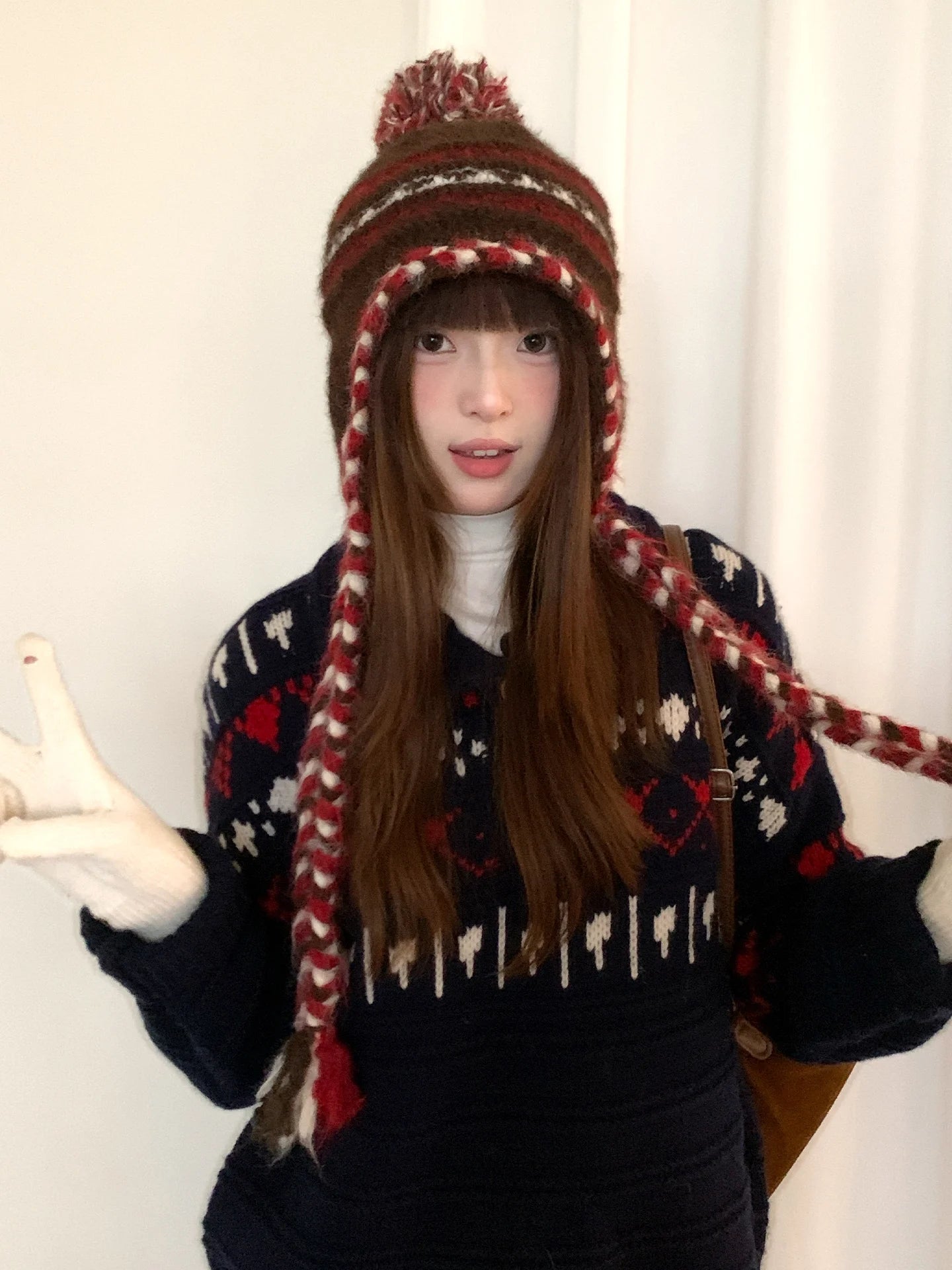 Retro Fair Lsle Colorblock Braided Wool Ball Knit Hat For Women With Wool For Winter Warm Ear Protection Lei Feng Cap