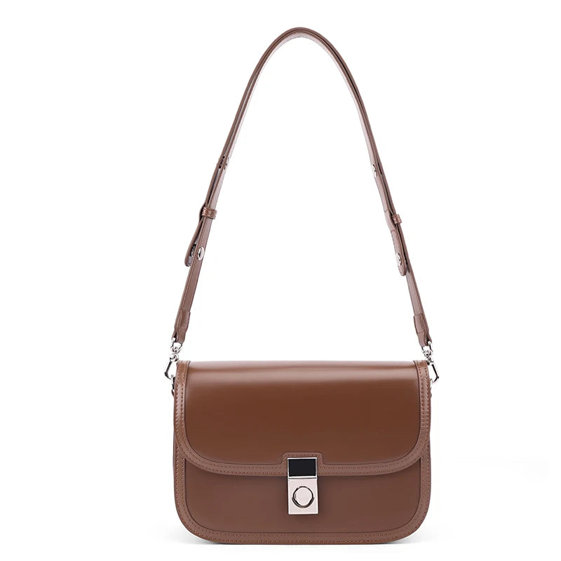 Genuine Cowhide Leather Flap Crossbody Bag for Women Vintage Saddle Shoulder Bag with Silver Lock Luxury Designer Messenger bags