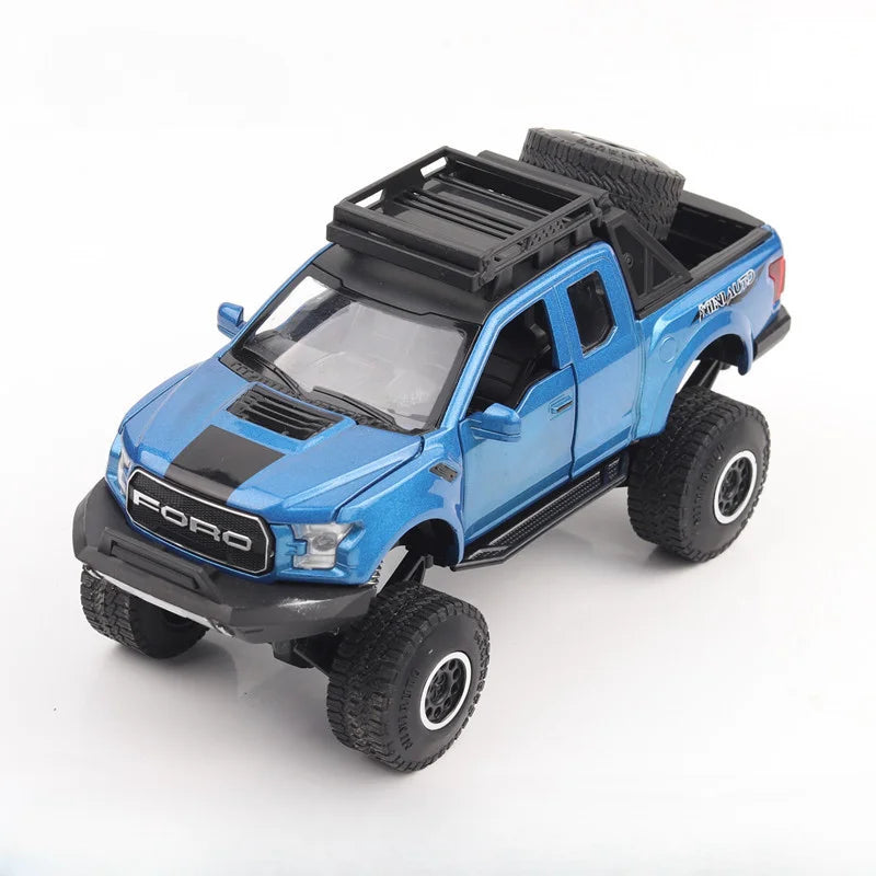 Scale 1/32 Raptor F150 Cars Model Toys Diecast Alloy Pickup Metal Body Rubber Tires with Sound Light Vehicles Toy Gifts for Kids