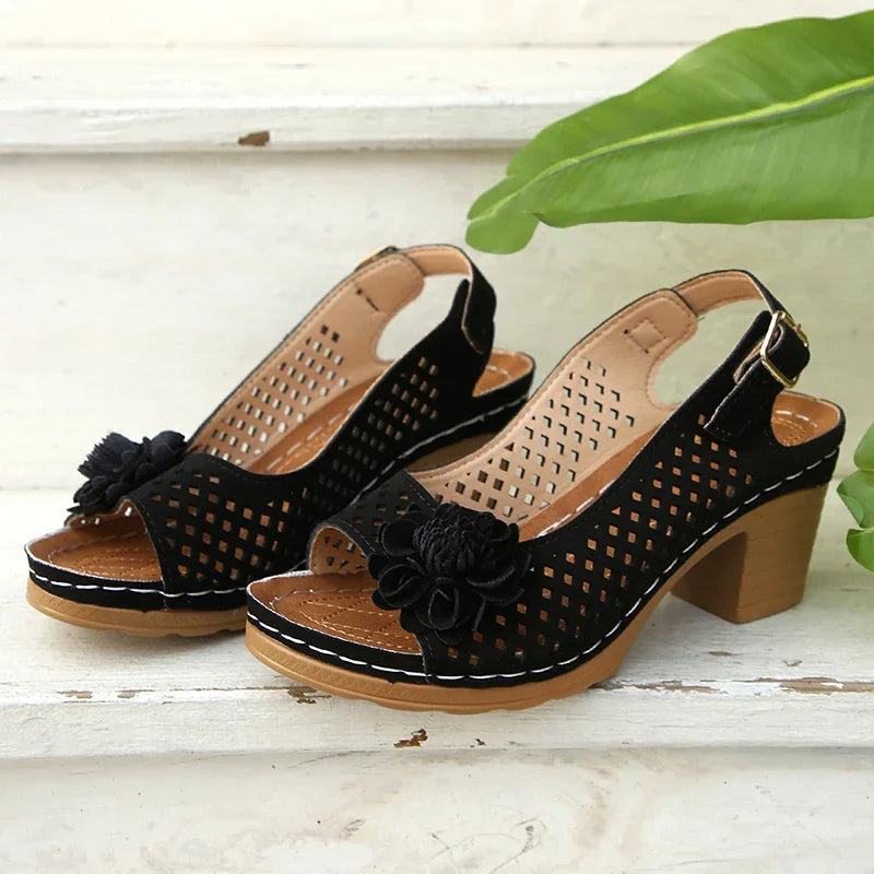 Fashion Flowers High Heels Sandals Women Back Strap Hollow Out Summer Sandles Woman 2025 Plus Size Thick Heeled Sandalias Mujer