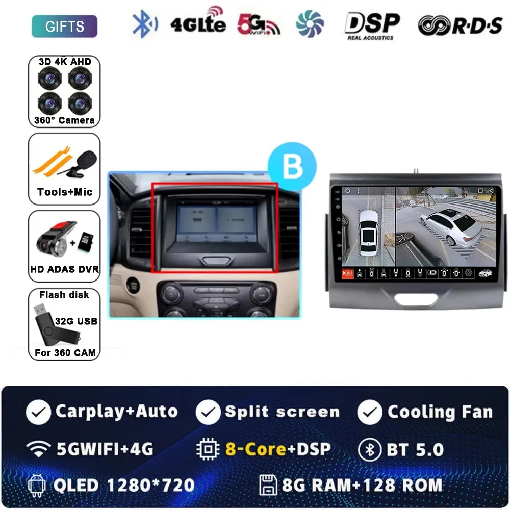 For Ford Ranger 2015 2016 2017 2018 2019-2022 Android 16 Car Radio Stereo QLED Screen GPS Multimedia Carplay Autoradio Head unit