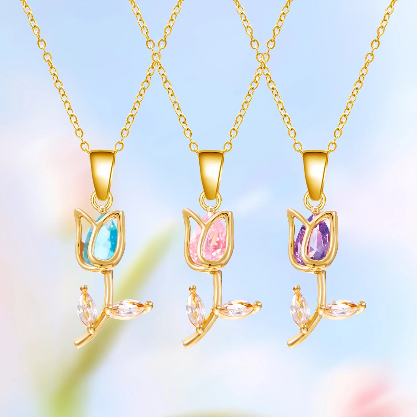 Exquisite Zircon Tulip Flower Pendant Necklace for Women Elegant Stainless Steel Clavicle Chain Fashion Party Jewelry Dropship
