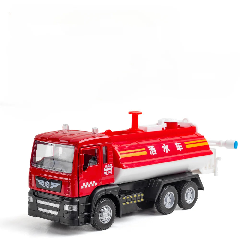 1/50 Sprinkler Truck Model Car Toy Alloy Diecast Engineering Vehicle Rubber Tire Sound Light Pull Back Toy Birthday Gift for Kid