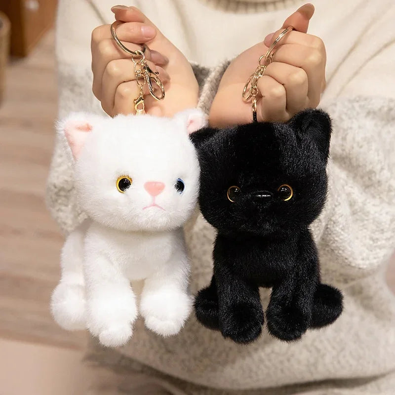 15cm Cute Simulated Sitting Cat Pendant Doll Plush Toy Stuffed Soft Animal White Black Kitten Keychain Doll Kids Birthday Gift