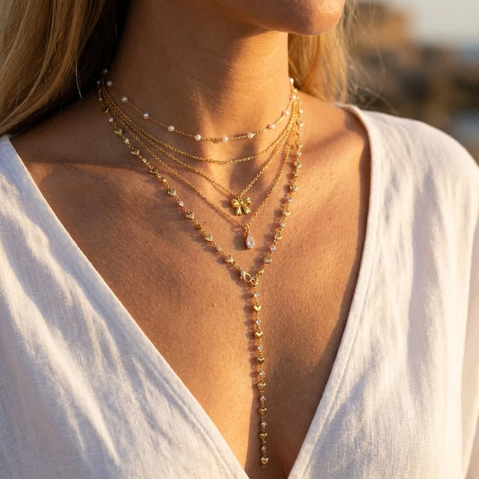 Bow Drop Pearl Layered Long Necklace Set of 5 for Women Dainty Gold Tone Chain Stackable Faux Pearl Bohemian Jewelry Gift