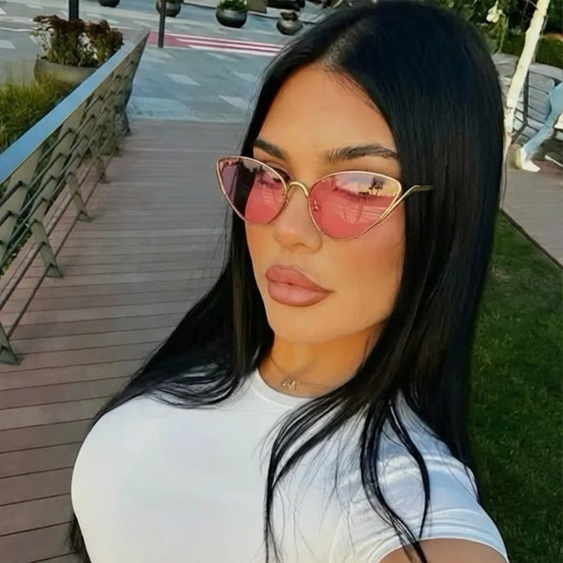 JNPCXI New Metal Cat Eye Women Sunglasses Fashion Clear Ocean Lens Gold Shades UV400 Men Trending Punk Sun Glasses