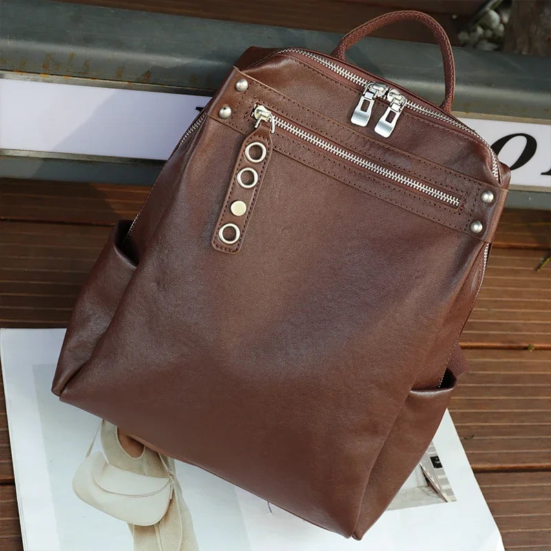 Women Natural Cow Leather Backpacks Lady Cowhide Design Large Capacity Bags Female Retro Versatile Backpacks Ladies Fashion Bag